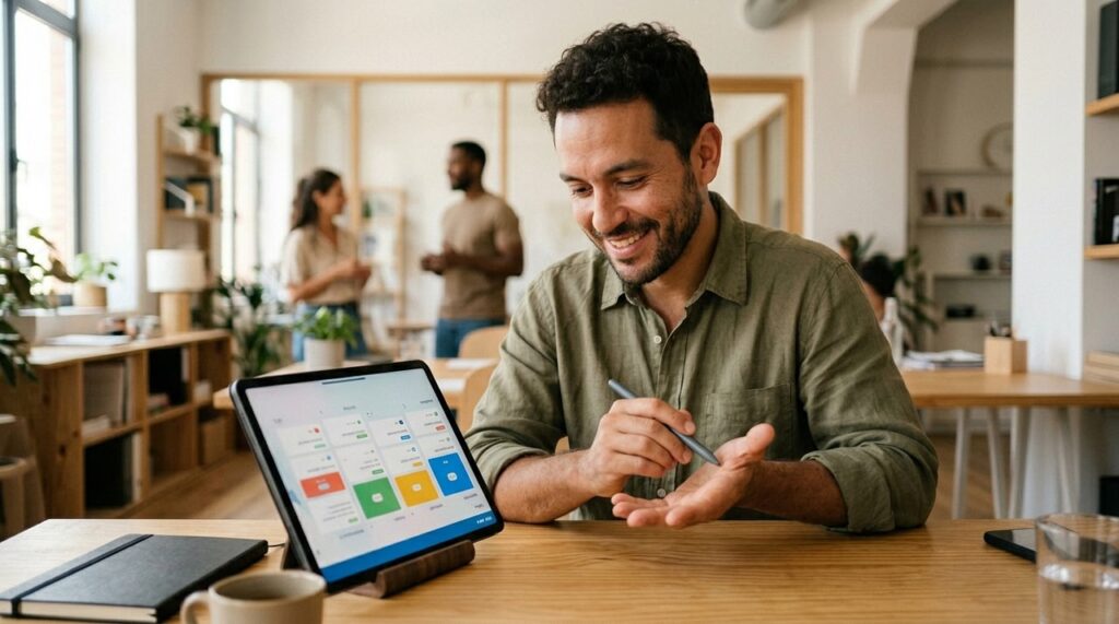 pantalla digital con cuadricula de tarjetas de tareas