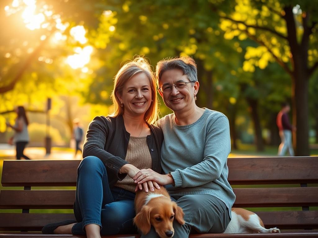 pareja en banco bajo arboles sonriendo mano entrelazada ambiente calido