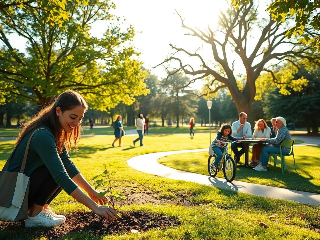parque soleado con personas cultivando aprendiendo y compartiendo en armonia