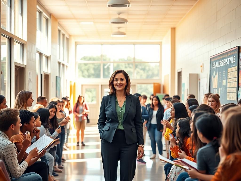 pasillo escolar luminoso con lider confiada y docentes en animada discusion
