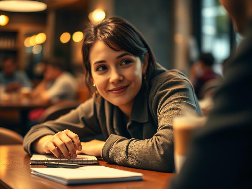 persona atenta en cafe calido escuchando con sonrisa y notas