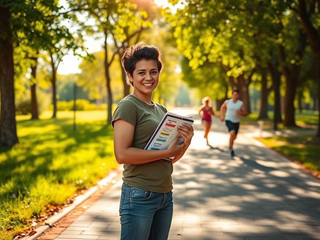 persona con sonrisa decidida en parque soleado rodeada de amigos y naturaleza