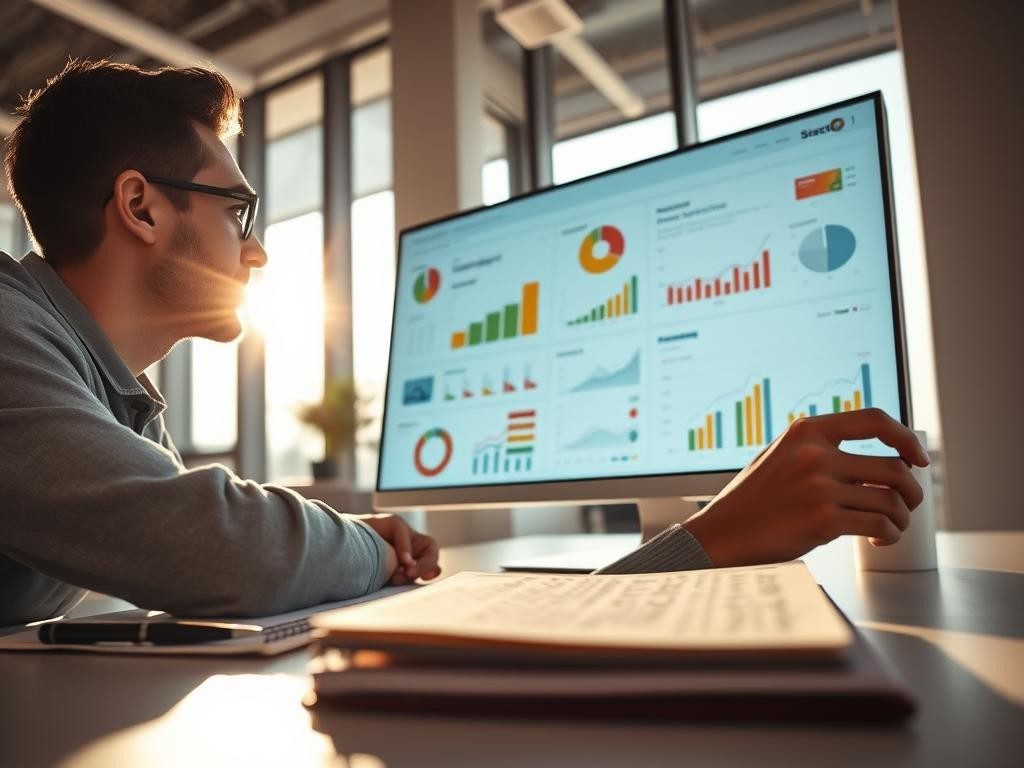 persona concentrada en analisis de datos en oficina moderna luz natural y ambiente inspirador