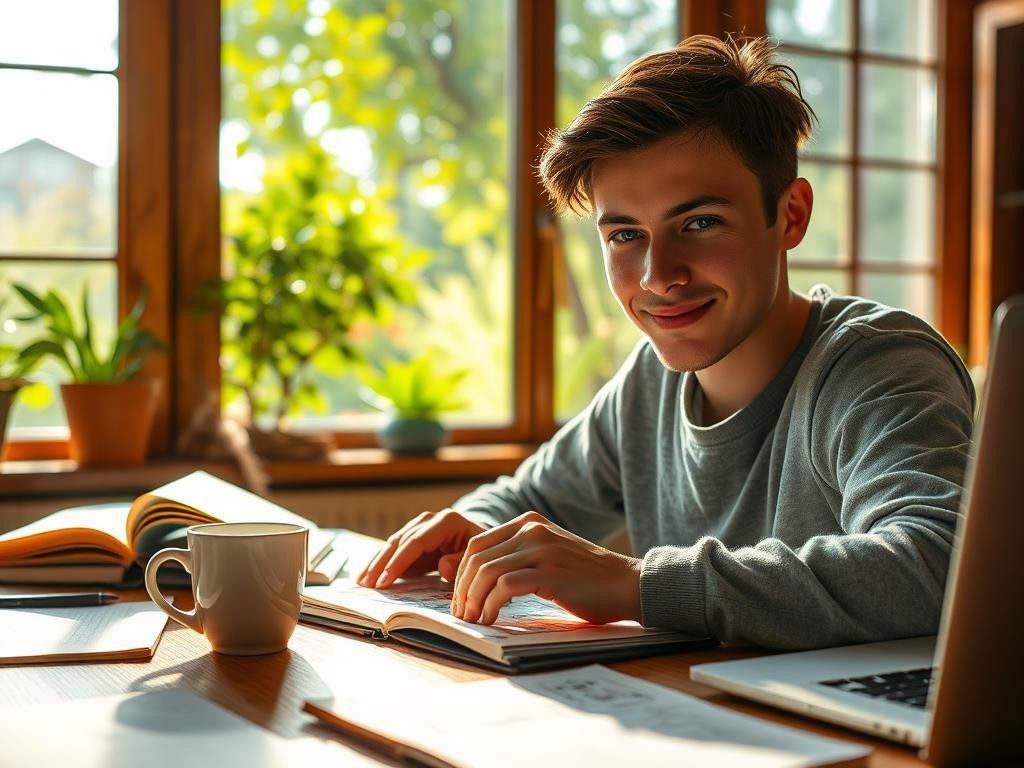 persona concentrada en dibujo y notas en un escritorio junto a una taza de cafe