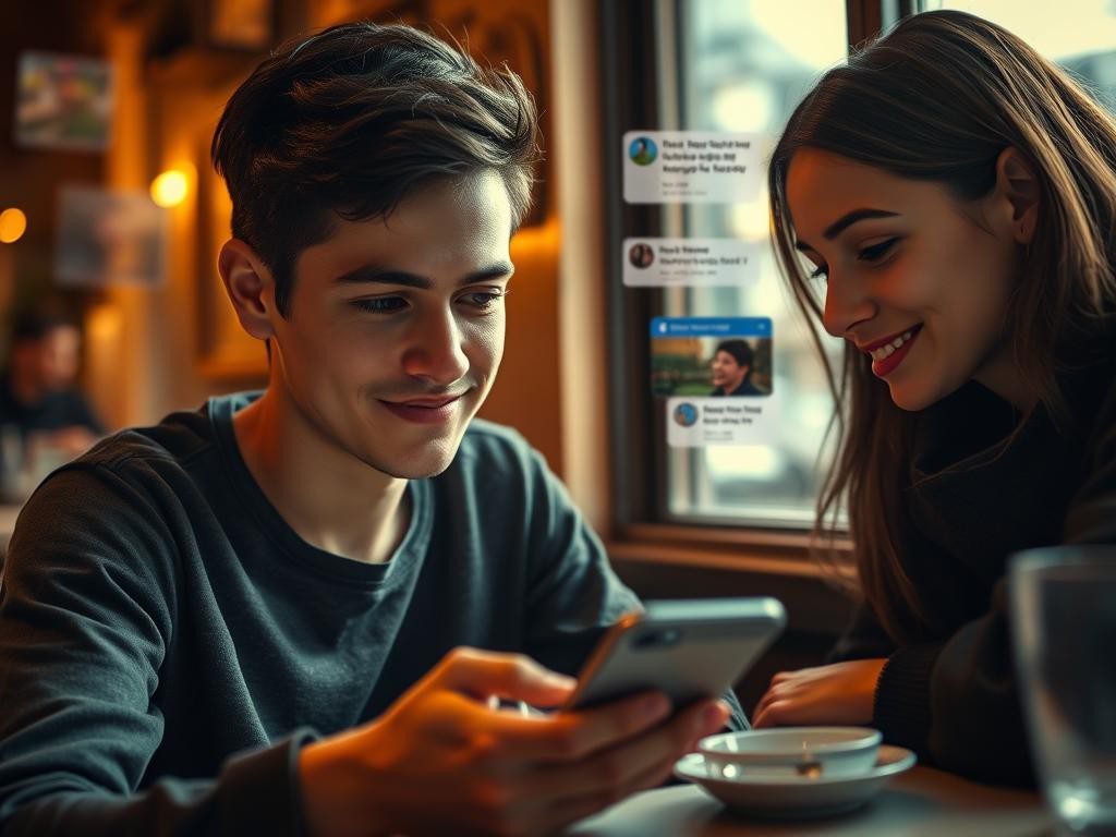 persona en cafe mira telefono mientras amigo le persuade en ambiente intimo