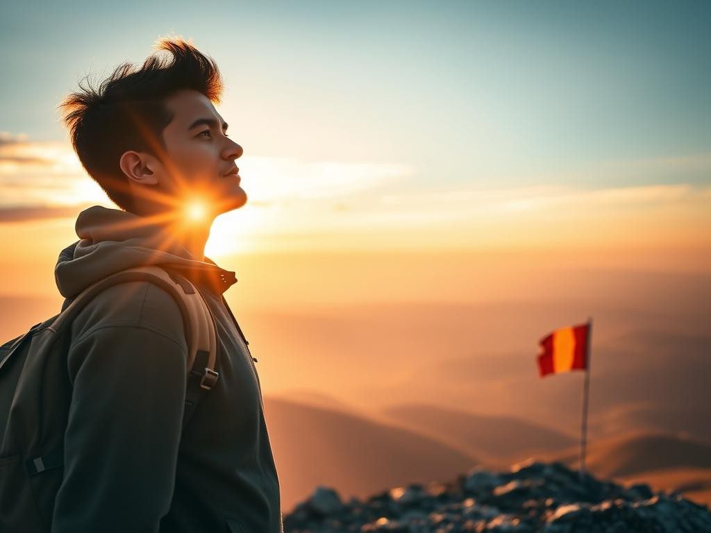 persona en cumbre al amanecer con mochila rodeada de montanas y cielo calido