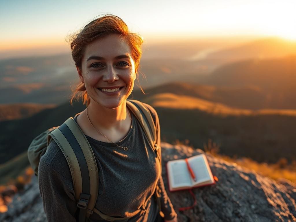 persona en cumbre al amanecer sonrisa paisaje vasto y sereno