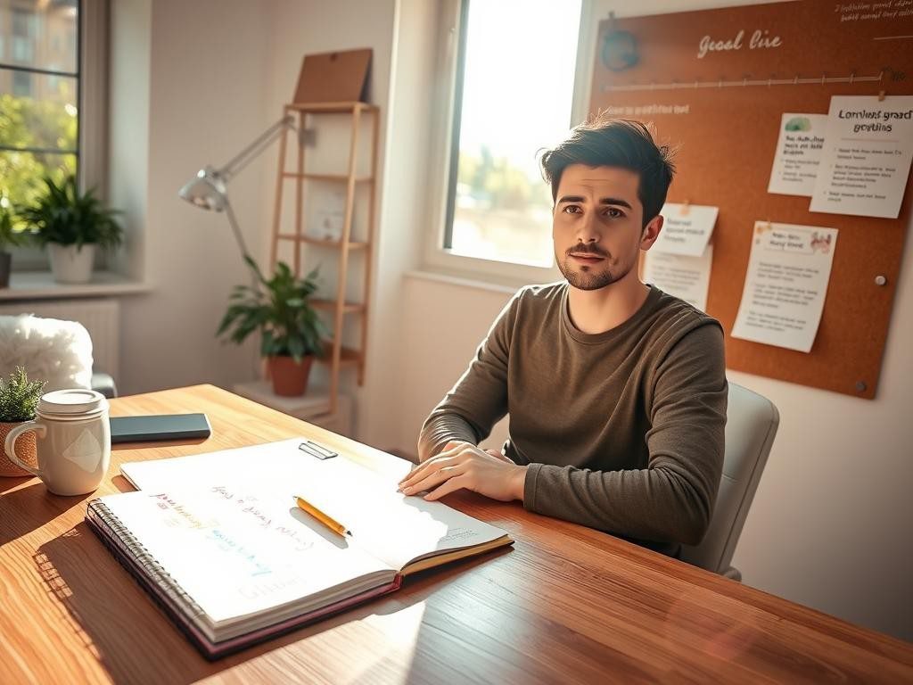 persona en oficina con notas coloridas luz suave y plantas verdes