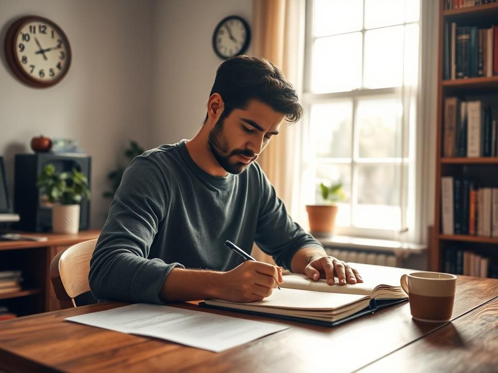 persona escribiendo en un diario en una habitacion iluminada por la luz natural