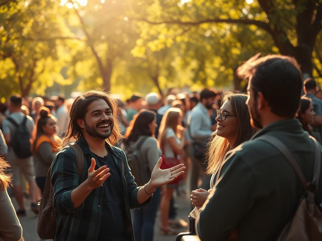 persona hablando con entusiasmo rodeada de gente en parque soleado