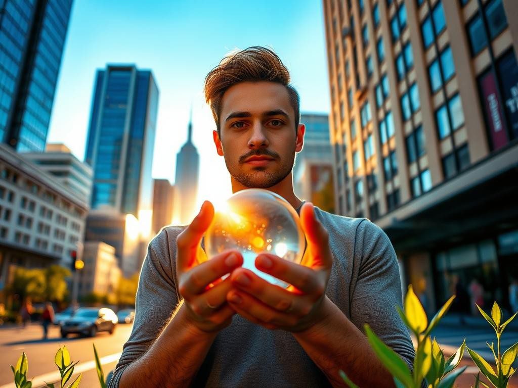 persona segura en ciudad al atardecer sosteniendo una esfera brillante
