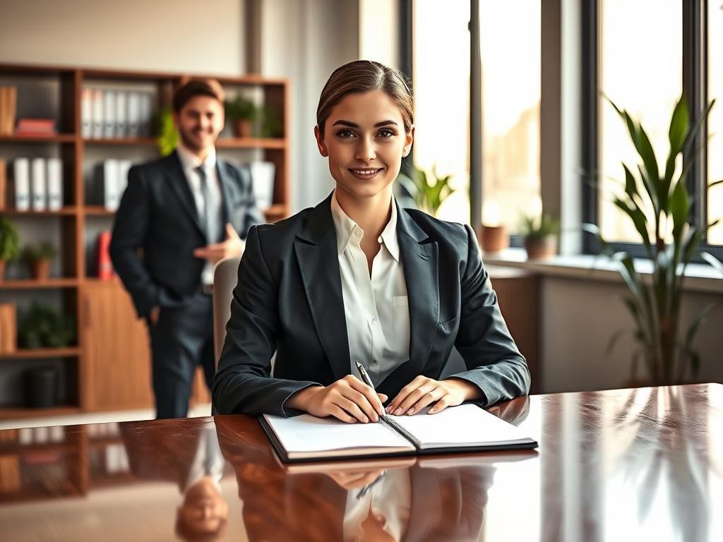 persona segura en oficina luminosa lista para compartir ideas con confianza