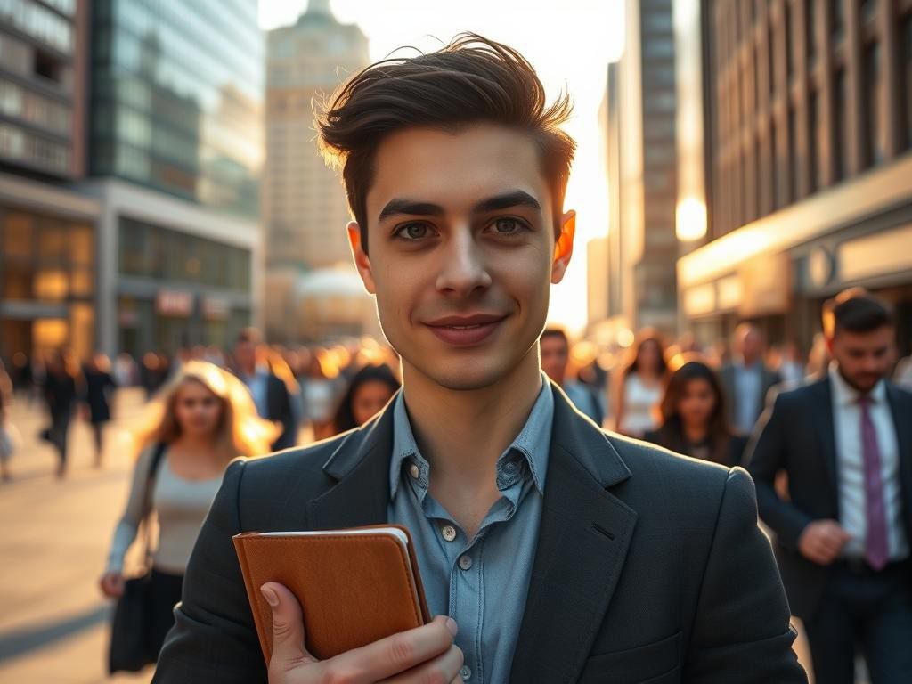 persona segura en plaza urbana al amanecer con mirada inspiradora y fondo moderno