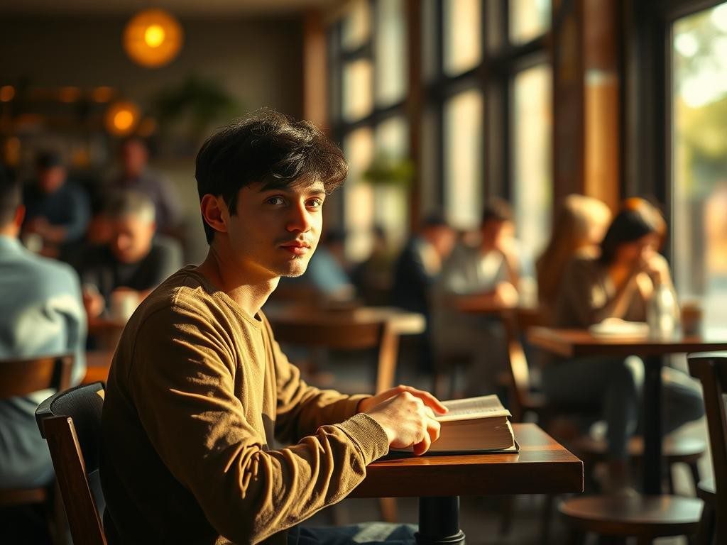 persona sola en cafe calido leyendo luz dorada ambiente tranquilo y reflexivo