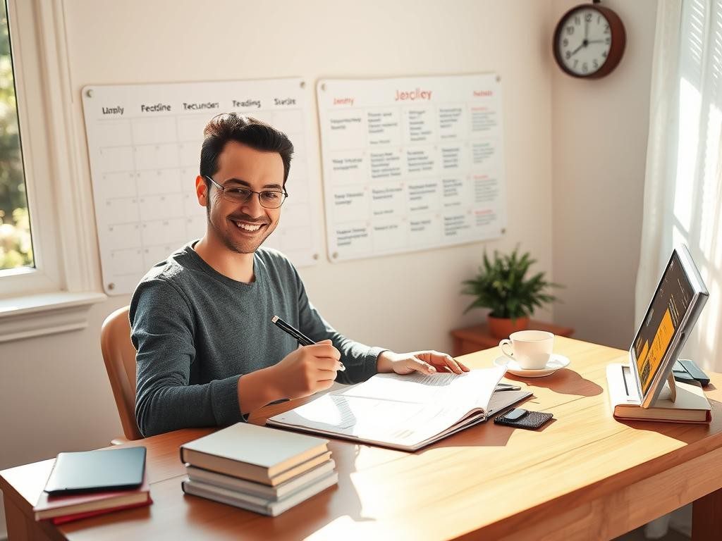 persona sonriente en oficina luminosa organizando tareas con energia y calma