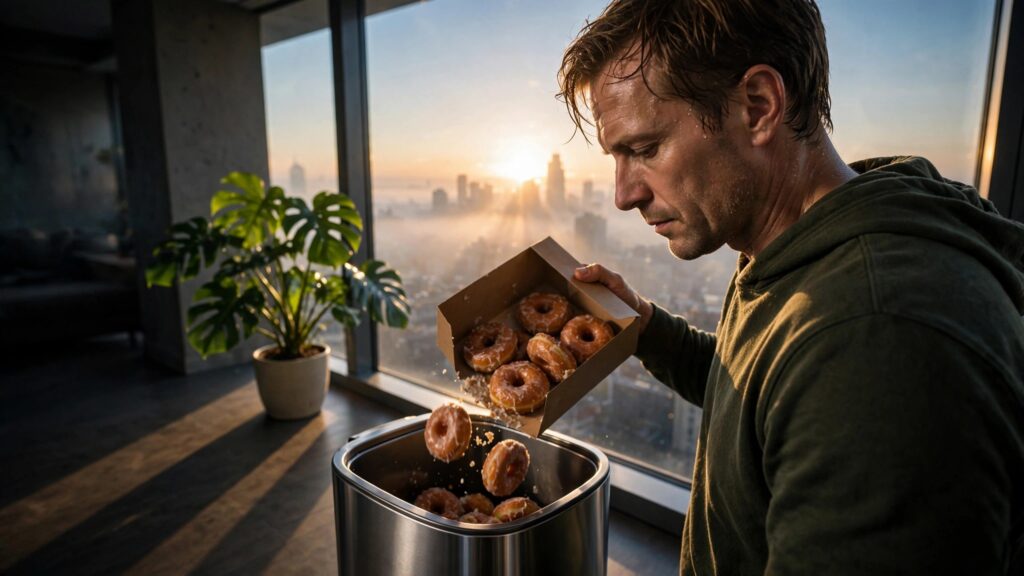 persona tirando caja de donas en un bote de basura