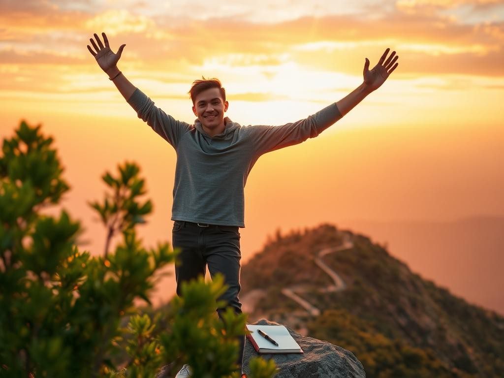persona triunfante en cumbre al amanecer naturaleza y esperanza vibrante