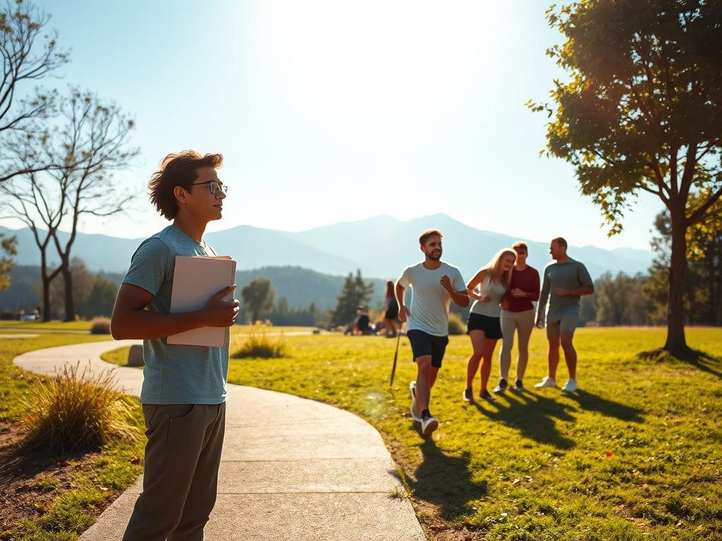 personas motivadas en un parque soleado con montanas y energia vibrante