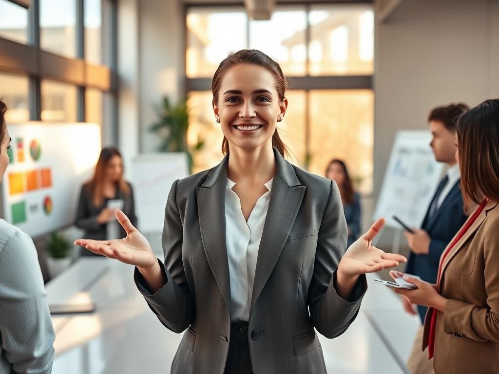 profesional confiada en oficina moderna sonriendo rodeada de colegas atentos
