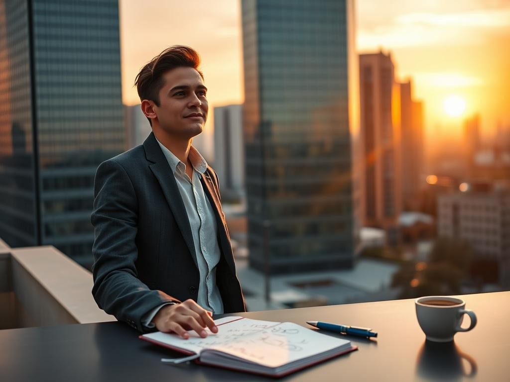 profesional confiado en azotea amanecer ciudad moderna y optimismo