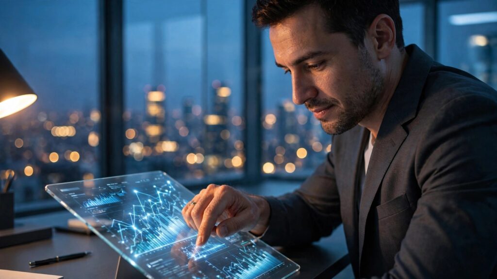 profesional corporativo analizando graficos en tableta en oficina nocturna