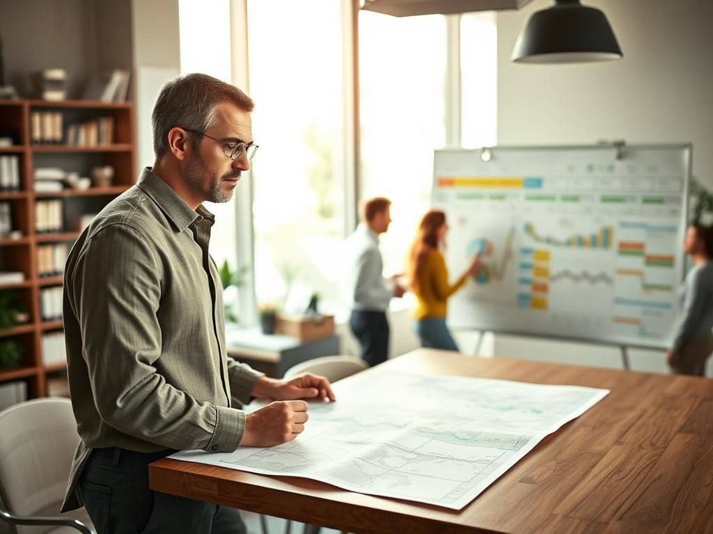 profesional en oficina analizando mapa y colaborando en planificacion estrategica