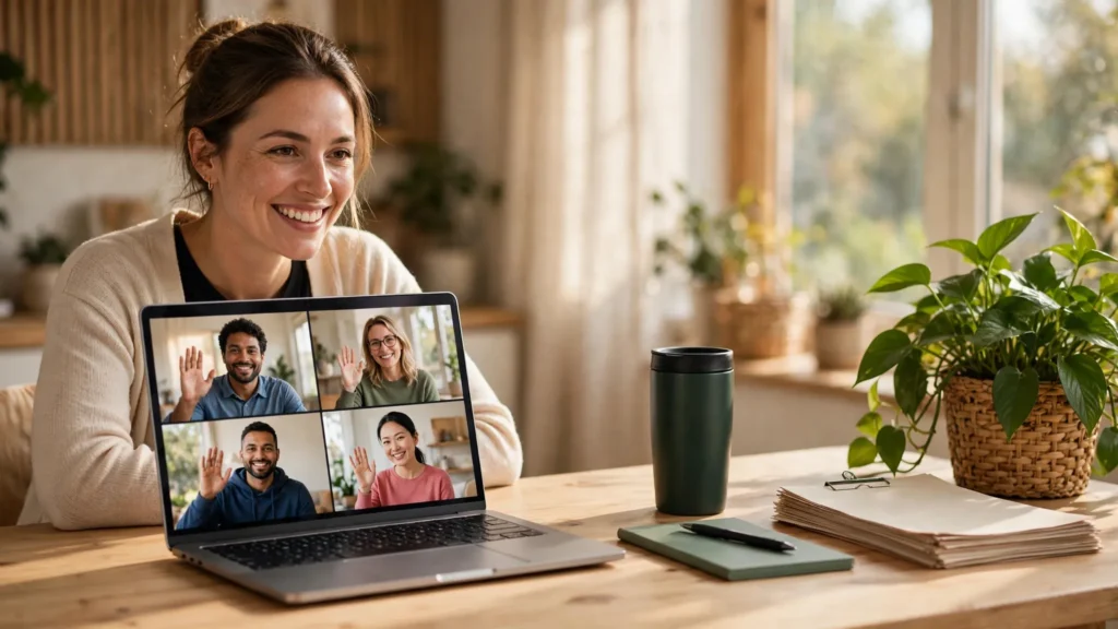 profesional remoto sonriendo en llamada virtual desde su casa
