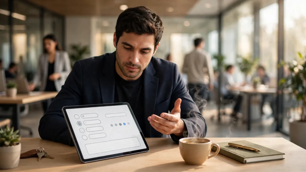 profesional respondiendo encuesta de opinion en tableta desde su escritorio