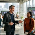 profesionales colaborando en una oficina luminosa