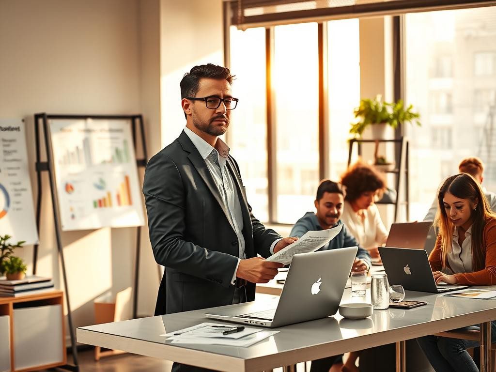 profesionales en oficina moderna analizan informes con enfoque y colaboracion