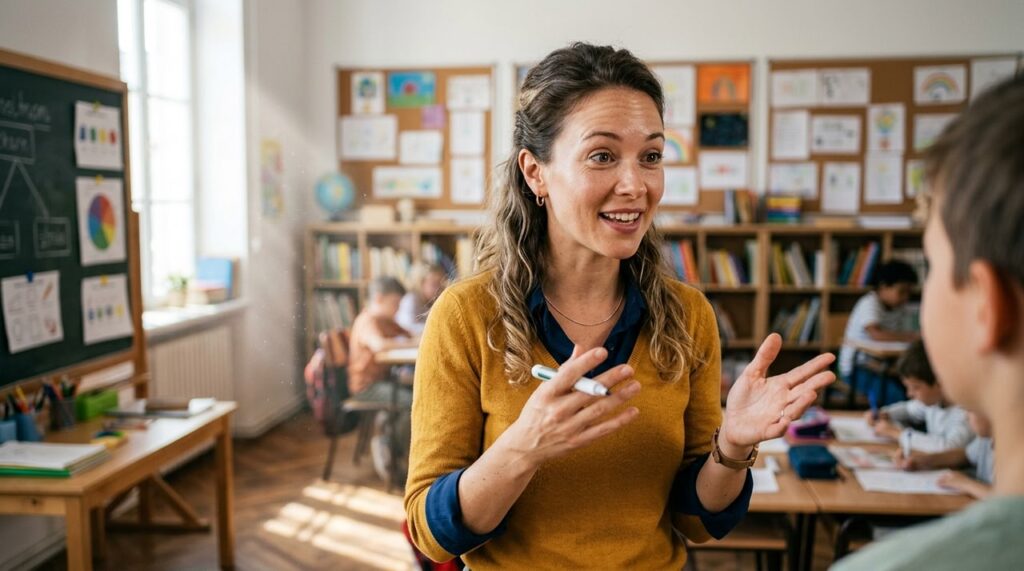profesora explicando leccion en salon con mucha luz natural