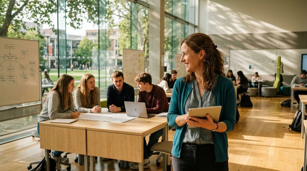 profesora guiando alumnos en aula universitaria iluminada