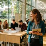 profesora guiando alumnos en aula universitaria iluminada