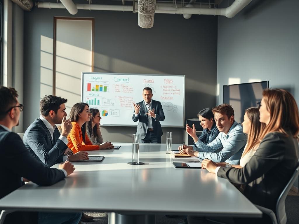 reunion de oficina con profesionales concentrados y expresiones de frustracion