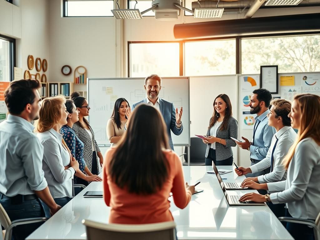 reunion de profesionales en oficina luminosa con notas graficos y logros