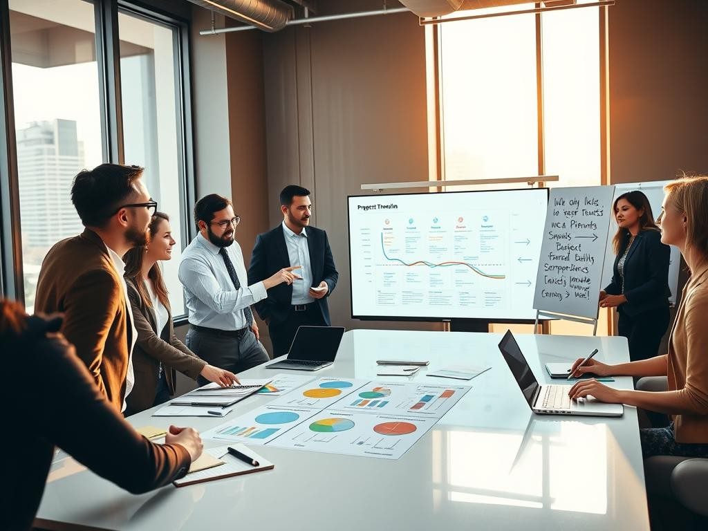 reunion de profesionales en oficina moderna discutiendo plan con entusiasmo