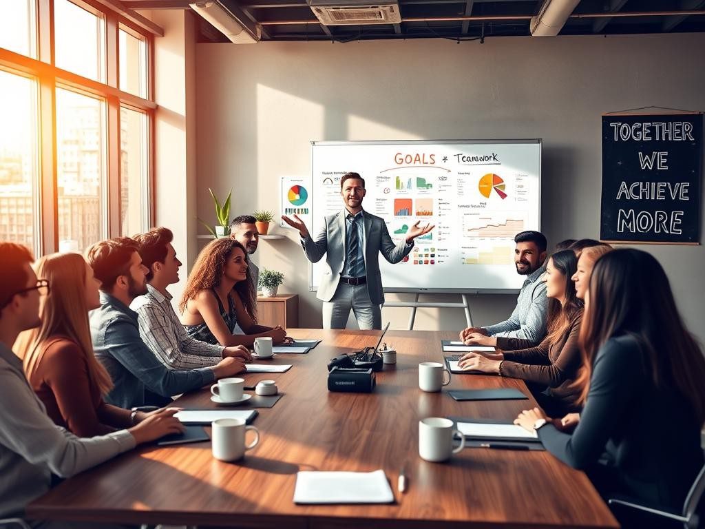 reunion inspiradora en oficina luminosa con equipo motivado y colaborativo