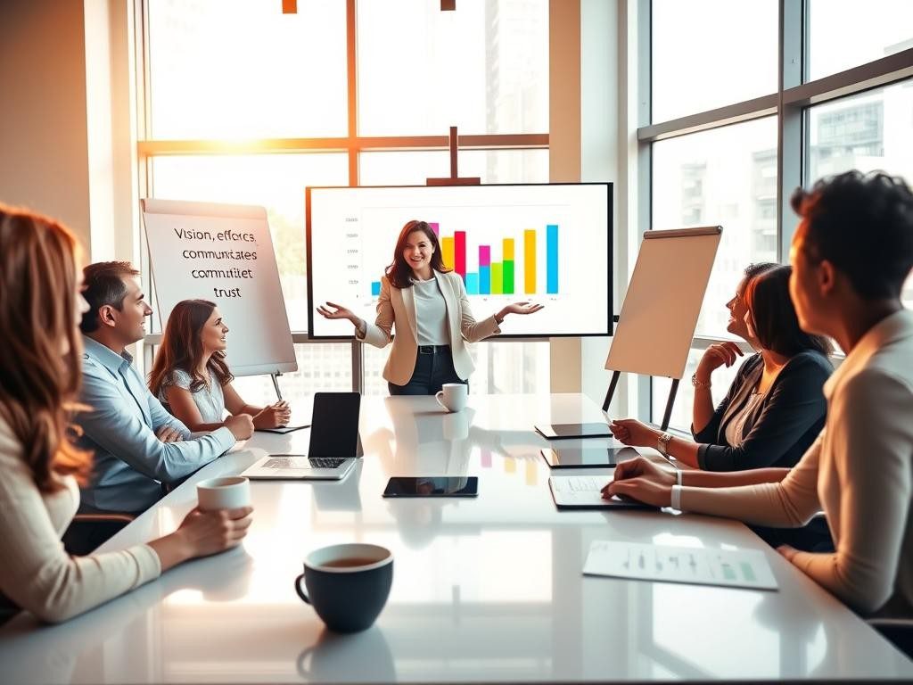reunion moderna con lideres en oficina luminosa discuten y toman notas