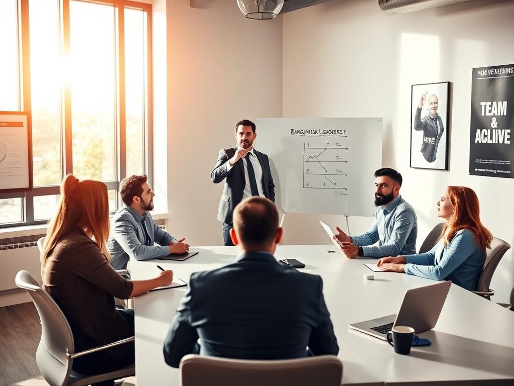 reunion moderna en oficina luminosa con lider empleados motivados y orden