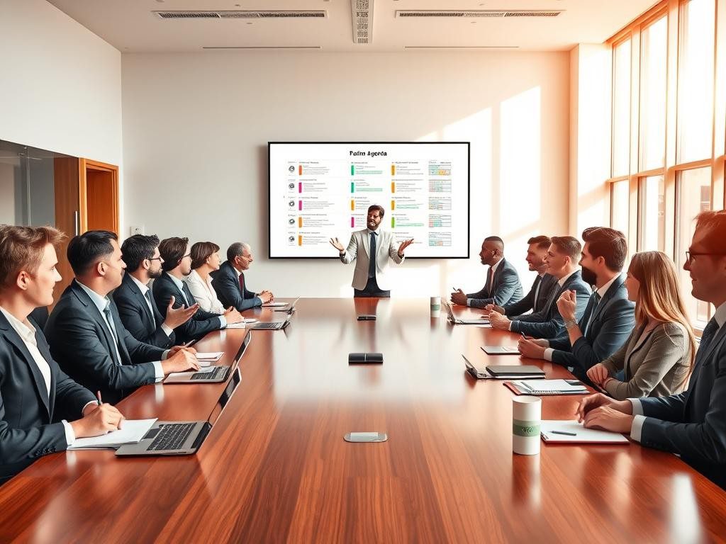 reunion moderna en sala luminosa con profesionales atentos y lider confiado