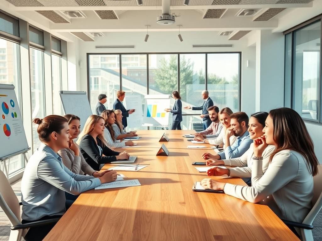 reunion moderna y luminosa con profesionales activos y colaborativos