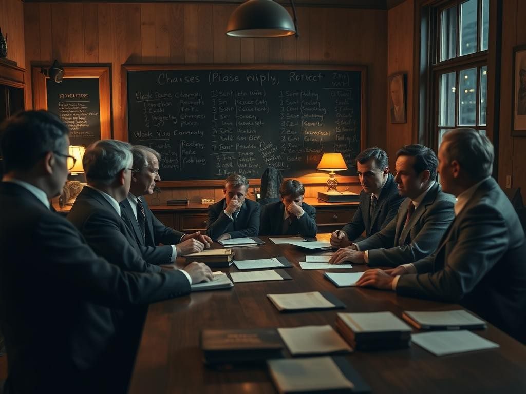 reunion vintage en oficina calida hombres discuten con intensidad y pasion