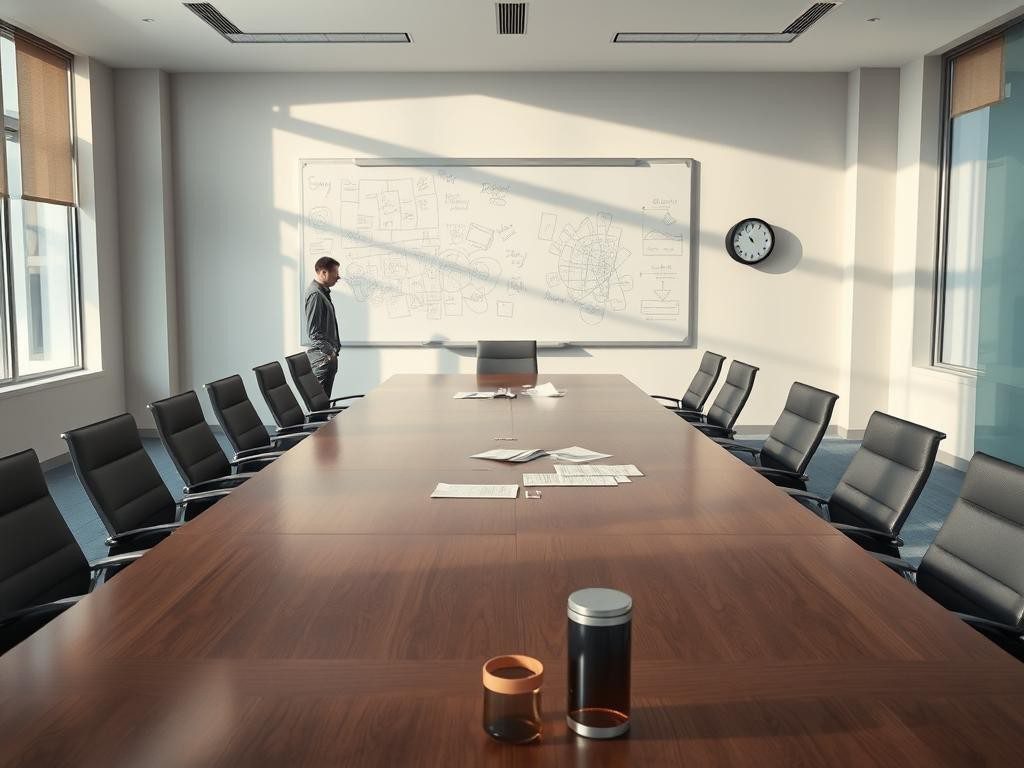 sala de conferencia vacia con una persona confundida y notas dispersas