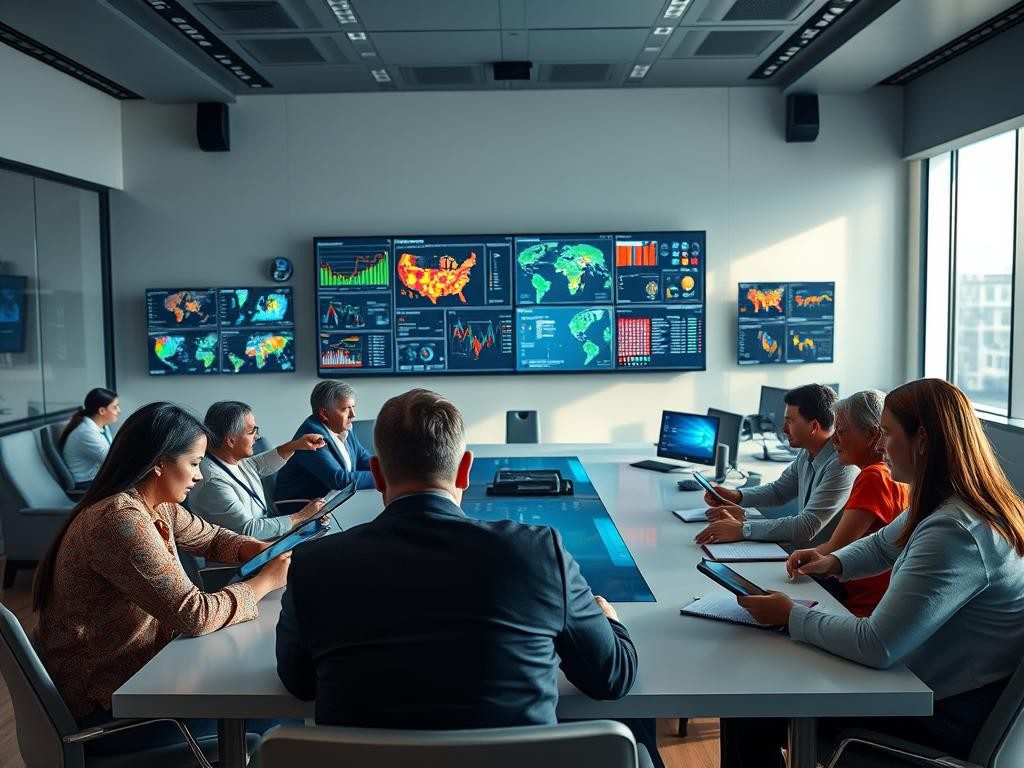 sala moderna con equipo atento pantallas con datos y mapas en calma