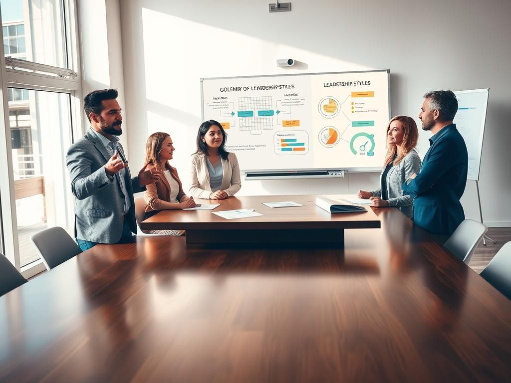 seis lideres diversos en reunion moderna con luz natural y graficos estrategicos
