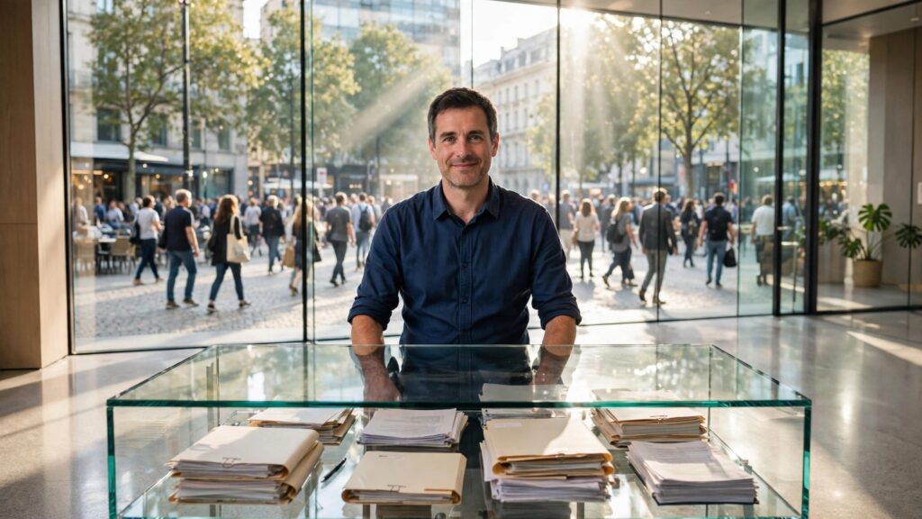 servidor publico de pie detras de un escritorio transparente