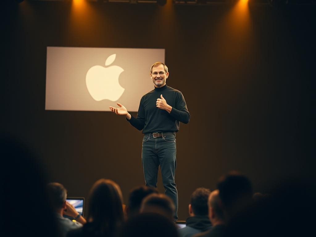 steve jobs en escenario luz dorada logo de manzana audiencia inspirada