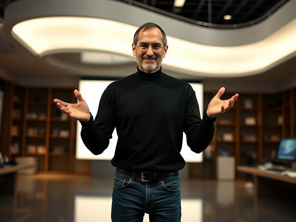 steve jobs en un espacio moderno iluminado gesticula con pasion y vision