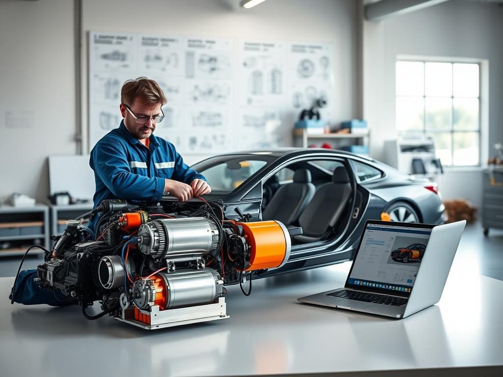 taller moderno con luz suave mecanico trabaja en vehiculo hibrido ensamblado