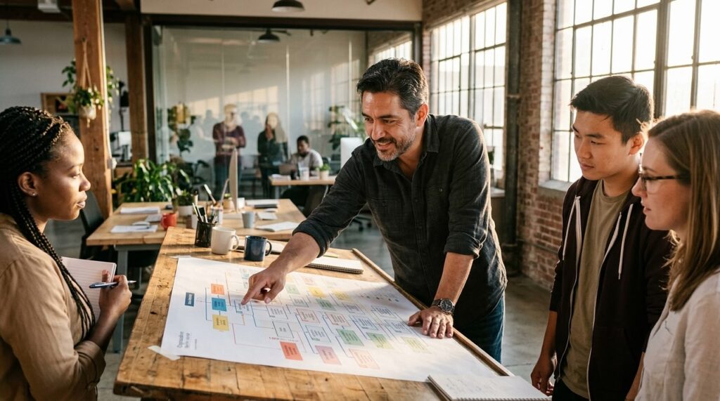 un lider senalando un diagrama de organizacion industrial